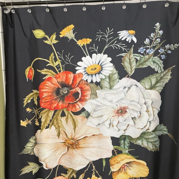 Beautiful floral shower curtain Black with green yellow and white flowers. New - Picture 4 of 5